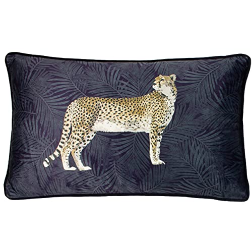 Paoletti Cheetah Forest Feather Filled Cushion – Velvet Jungle Cheetah Print Rectangular Cushion with Piped Edges (Navy – 30 x 50cm)
