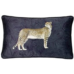 Paoletti Cheetah Forest Feather Filled Cushion – Velvet Jungle Cheetah Print Rectangular Cushion with Piped Edges (Navy – 30 x 50cm)