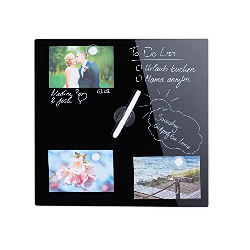 Relaxdays Glass Magnetic Dry Erase Memo Board, Writable, 3 Magnets, Safety Glass Magnet Board 40 x 40 cm, Black