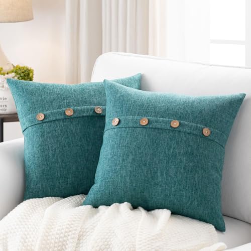 Meekio Set of 2 Teal Green Pillow Covers 20 x 20 Linen Pillow Covers with Coconut Buttons Farmhouse D??cor Housewarming Gifts