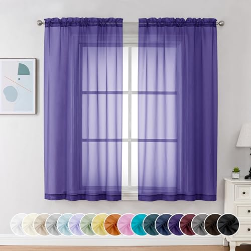 Chyhomenyc Purple Sheer Curtains 54 Inch Long 2 Panels, Light Filtering Rod Pocket Voile Short Curtains Drapes for Living Room Bedroom Small Windows, 42Wx54L Inches