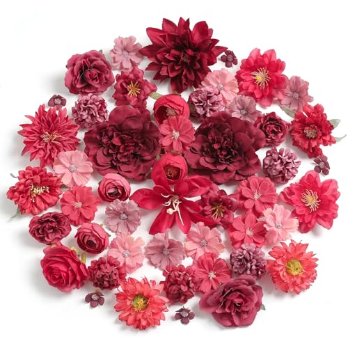 YiYunFloral Artificial Flowers Heads Combo Pink Flowers Mix Silk Flowers Heads Bulk for Craft Garland Graduation Cap Wedding Bridal Baby Shower Home Party Decoration DIY Cake Decor (Red)