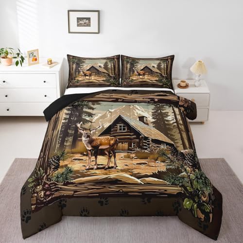 Erosebridal Retro Deer Comforter Set Lodge Cabin Country Bedding Sets Queen Rustic Farmhouse Wildlife Down Comforter for Kids Boys Adults Men,Woodland Hunting Animal Quilt Duvet 3 Pcs