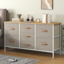 Feonase Chest of Drawers,7 Fabric Drawers with Handles,bedroom drawers,Metal Frame and Wooden Top,for Bedroom,Closet, Hallway,Living Room (Beige, 30D x 100W x 54 H cm (7 draws))