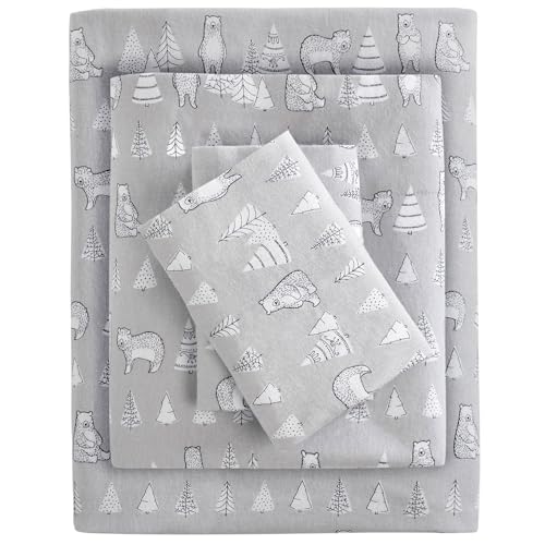 SLEEP PHILOSOPHY True North by Cozy Flannel Warm 100% Cotton Sheet - Novelty Print Animals Stars Cute, Ultra Soft Cold Weather Bedding Set, Queen, Bear 4 Piece