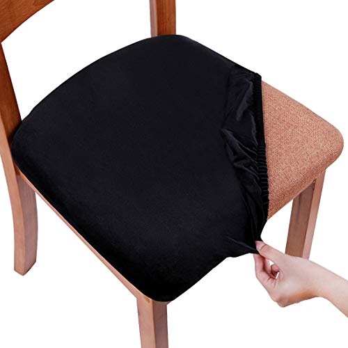 smiry Original Velvet Dining Chair Seat Covers, Stretch Fitted Dining Room Upholstered Chair Seat Cushion Cover, Removable Washable Furniture Protector Slipcovers with Ties - Set of 4, Black