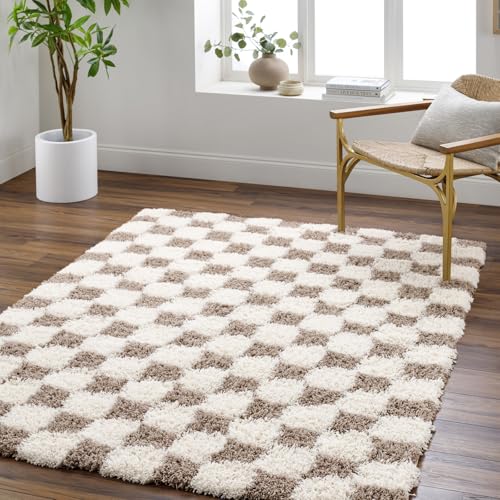 Livabliss Willa Mabini Shaggy Berber Style Floor Covering 200x290 cm – Geometric Plush Thick Pile for Living Room & Bedroom, Easy Care, Cream & Dark Brown
