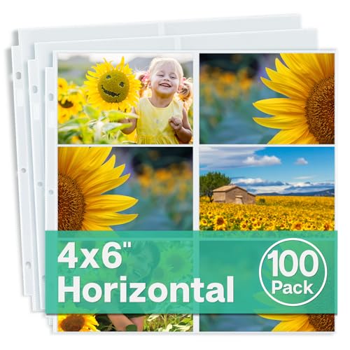 "Dunwell Photo Album Refill Pages 12x12 - (4x6 Landscape, 100 Pack) Holds 1200 4x6"" Photos, 4x6 Photo Sleeves for 3 Ring Binder, D-Ring Scrapbook Album 12x12,Archival Quality Page Protectors 12x12"