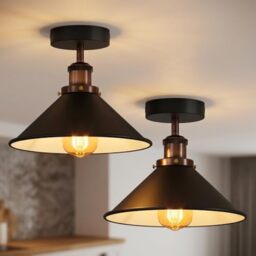Black inner White Semi Flush Ceiling Light 22cm Metal Cone Shade 2 Pack