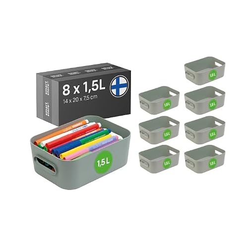 SmartStore Storage Boxes 8x 1.5L small green - 20x14x7.5cm - Plastic organiser basket with handles from 95 % recycled material, box and containers for cupboard, drawers and shelves