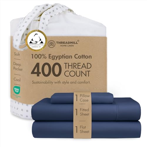 "Threadmill 400TC Egyptian Cotton Twin Sheet Set, Sateen, Folkstone Blue - 100% Egyptian Cotton, Sateen Weave, 3-Piece Set, 15"" Deep Pocket, Cooling, Breathable, OEKO-TEX Certified, Machine Washable"