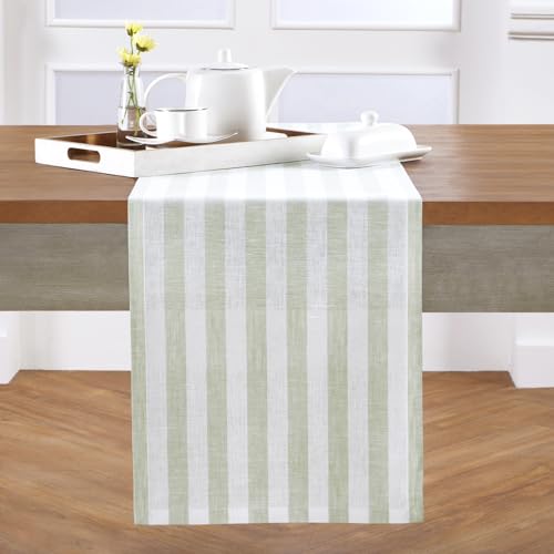 Solino Home 100% Pure Linen Table Runner, 14 x 72 in, Sage and White Stripe - Sorrento Stripe Table Runners for dining and console tables - woven stripe with neatly mitered corners - OEKO-TEX Certified