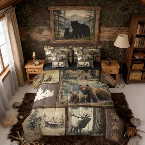 Erosebridal Grizzly Bear Deer Plaid 7 Piece King Comforter Set, Rustic Farmhouse Cabin Bedding Sets for Kids Boys Men,Country Maple Leaf Bed in a Bag with Sheets,Hunting Wildlife Theme Bed Set