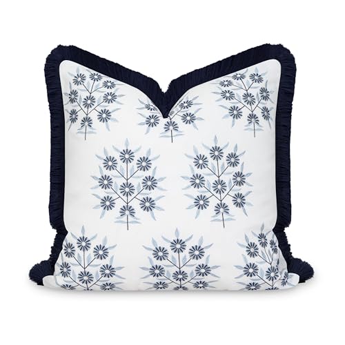 "Hofdeco Premium Coastal Patio Indoor Outdoor Throw Pillow Cover Only, 20""x20"" Water Repellent for Backyard, Couch, Navy Blue Embroidered Floral with Fringe"