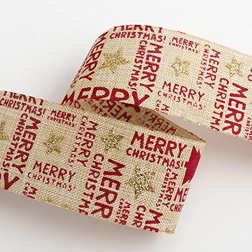 Italian Options Merry Christmas Natural Hessian Ribbon, Jute Christmas Ribbon for Crafts, Gift Wrapping Accessories, Wreath Making Supplies, Tree Decorations, Natural, 38 mm x 10 Metre Roll