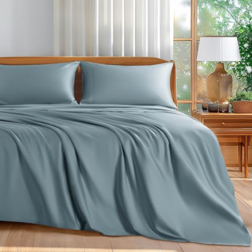 Shilucheng 100% Cotton Queen Size Sheets Set - 600 Thread Count???Luxury Egyptian Cotton Bed Sheets???5-Star Hotel Quality Sheets, Breathable & Cooling, 16 Inch Deep Pocket - 4 Piece (French Blue, Queen)
