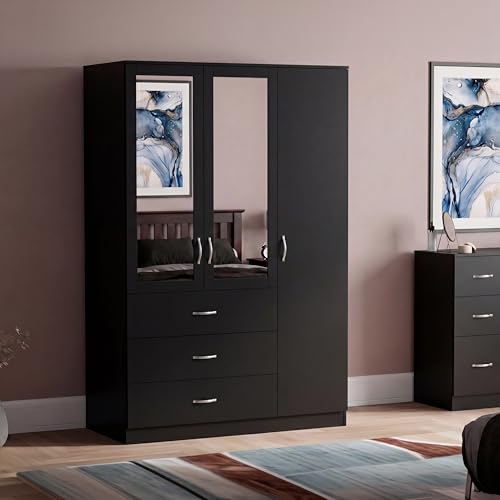 Vida Designs Riano 3 Door 3 Drawer Mirrored Wardrobe - Black - Bedroom Furniture - 175H x 116W x 54D cm - With Storage Shelf & Hanging Rail - Large Capacity Storage