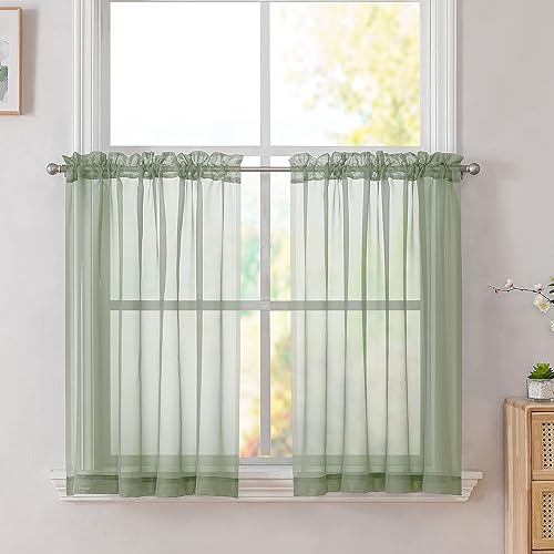 Simplebrand Sage Short Sheer Kitchen Curtains 36 inch Length Tier Curtains Rod Pocket Sheers Cafe Curtains Sheer Drapes Half Window Curtain for Bathroom Small Windows 42 X 36 Inch, Sage, 2 Panels