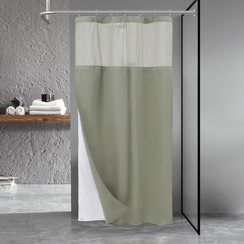 "N&Y HOME Stall Waffle Weave Shower Curtain with Snap-in Fabric Liner & Hooks Set - 36"" x 72"" Small Shower Stall Size, Hotel Style & Mesh Top Window, Machine Washable - 36x72, Sage Green"