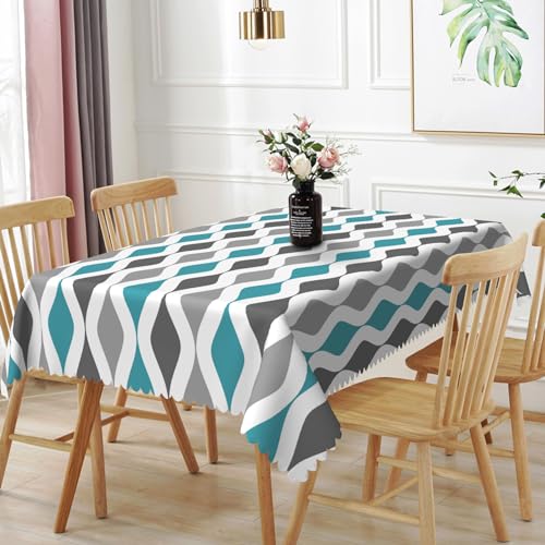 TTQYFNM 54x70inches Teal Turquoise Grey Table Cloth Mid Century Geometric Stripes Tablecloth Spill Proof Washable Polyester Table Cover for Farmhouse Living Room Dining Room Kitchen Cafe Party Decor