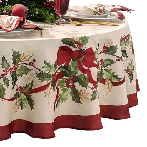 "Elrene Home Fashions Villeroy & Boch Winter Bows & Garland Christmas/Holiday Tablecloth, 60""x84"" Oval"