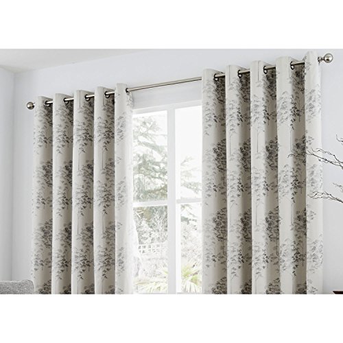 Curtina Elmwood Floral Print Eyelet Lined Curtains, Silver, 66 x 54 Inch