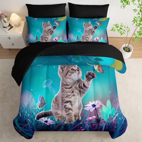 AILONEN Kids Kawaii Cat Comforter Set Full,7-Piece Soft Bed in a Bag for Girls Teen,Cute Cat Kitten Green Fairy Comforter & Fitted Sheet with Flat Sheet & 2 Pillowcases,2 Pillow Shams for Bedroom