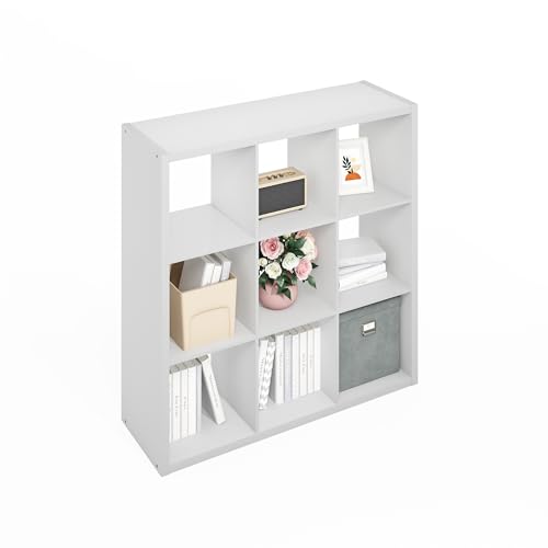 Furinno SIMPLE Cube Storage Organizer, 9-Cube Display Shelf, Open Back Shelving Unit, Storage Shelves, Extra Thick Frame, for Organization and Storage, Living Room, Home Office, White