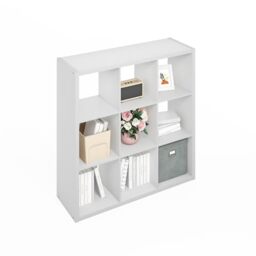 Furinno SIMPLE Cube Storage Organizer, 9-Cube Display Shelf, Open Back Shelving Unit, Storage Shelves, Extra Thick Frame, for Organization and Storage, Living Room, Home Office, White