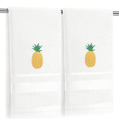 SmoothNovelty 2 Pcs Pineapple Hand Towels White-Yellow Bathroom Decor 14x29 Inch Embroidered 100% Cotton Soft Absorbent Spring Summer Decorative Hand Towels for Bathroom Kitchen