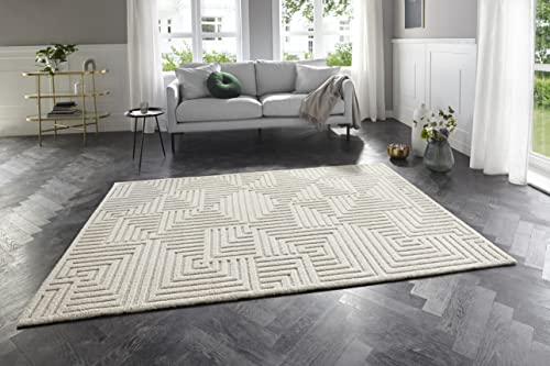 ELLE Manipu Fluffy Short Pile Rug, Modern Living Room Rug - High Low Effect, Soft Labyrinth Pattern - for Living Room, Bedroom, Kitchen or Dining Room, Cream, 80 x 150 cm