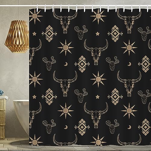 Western Bull Skull Shower Curtain Boho Cow Longhorn Skull Head Cactus Bohemian Black and Gold Shower Curtain with Hooks 72x72 Inch Waterproof Polyester Bathroom Curtain (Black Gold Bull Skull)