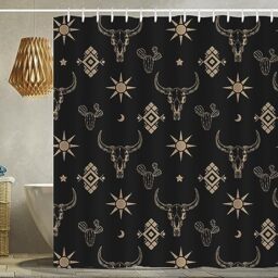 Western Bull Skull Shower Curtain Boho Cow Longhorn Skull Head Cactus Bohemian Black and Gold Shower Curtain with Hooks 72x72 Inch Waterproof Polyester Bathroom Curtain (Black Gold Bull Skull)