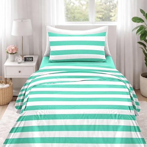 Ruggeri Complete Bedding Set for Single Bed, Microfibre, Green Stripes - High quality 1 pillowcase 50 x 80 cm + 1 fitted sheet 90 x 200 cm + 1 top sheet 63 x 290 cm Beat collection