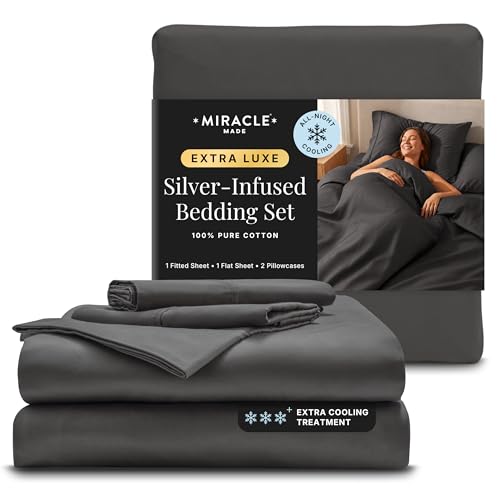 Miracle Made Extra Luxe Soft, Cool-to-the-Touch Cotton Bed Sheet Set, 4-Piece ??? Silver-Treated, Breathable, Lightweight Bedding ??? Full Size, Charcoal
