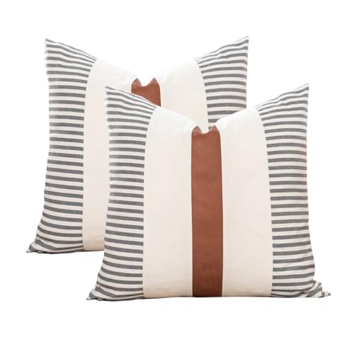 Vfuty Farmhouse Stripe Throw Pillow Covers 20x20 Set of 2 Boho Accent Pillow Case, Faux Leather Modern Cushion Cover for Living Room Couch Bed Neutral Decor Pillowcase Beige and Brown