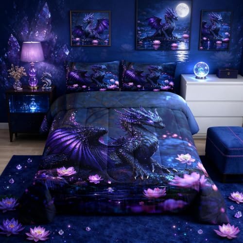 Feelyou Dragon Comforter Set Full Size Dragon Stuff Comforter for Boys Girls Teens Wild Life Bedding Set Flower Duvet Set Room Decor Black Purple Quilt Set