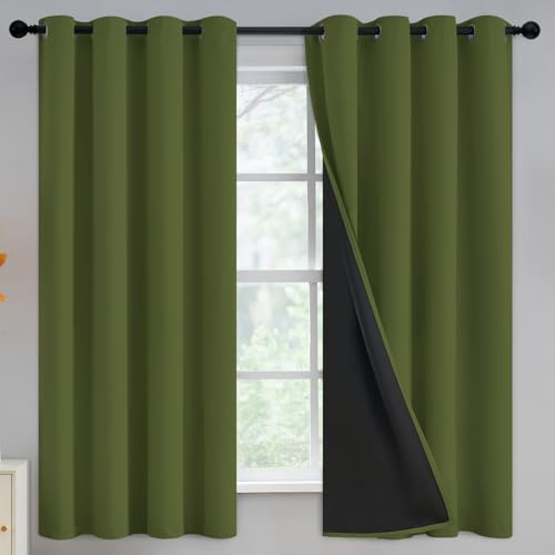 Yakamok 100% Blackout Curtains for Bedroom 63 Inch Length, Total Light Blocking Drapes with Black Backing, Thermal Insulated Solid Grommet Panels for Living Room, 2 Panel, 52Wx63L, Olive Green