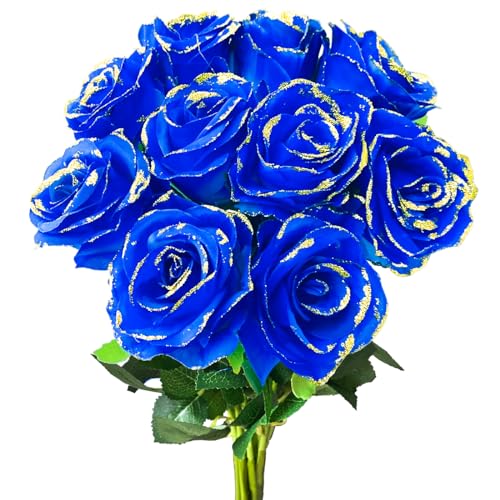 Lokediren Artificial Glitter Roses, 10 PCS Fake Roses Flowers with Long Stems Realistic Faux Blue Rose Bouquets for Valentine's Day Gifts, Mothers Day Flowers Decoration for Home Wedding Party