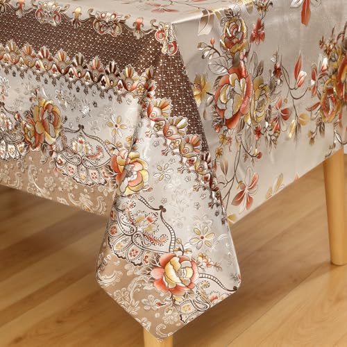 FAVE Peony Gold Tablecloths Vinyl Tablecloth for Kitchen Dining Table Wipeable PVC Tablecloth Cover for Rectangle Table (Gold,55???x78???)