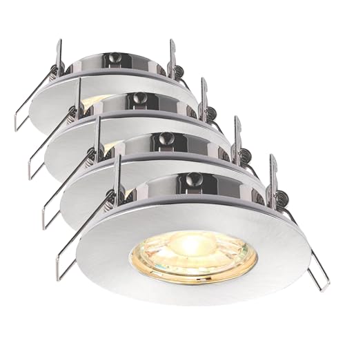 National Lighting SPECULO Ultra Slim Compact Brushed Chrome Fire Rated Downlight Recessed LED GU10 Round Spotlight Ceiling Light for Bathroom, Shower, Kitchen IP65 Rated (Pack of 4)