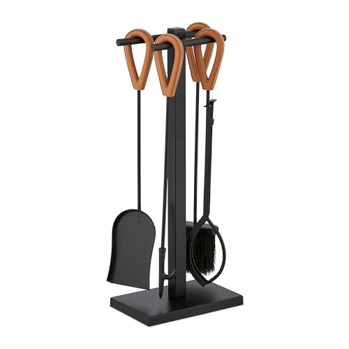 Relaxdays 5-piece Fireplace Tool Set, Poker, Ash Shovel, Broom, Tongs & Stand, Leather Handles, 62 x 25 x 16 cm, Black