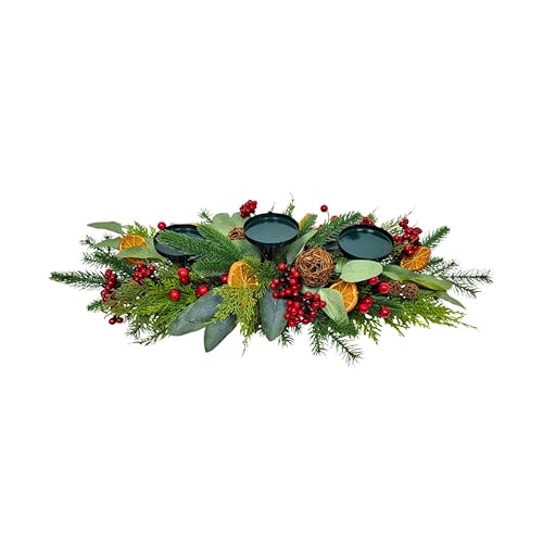 Christmas Table Decoration Pillar Candle Holder Centrepiece 26Inch Tealight Stand for Xmas Dinner Table with Foliage, Berry, Eucalyptus, Orange Slices, Rattan Balls - Festive Home Dining Mantel Decor