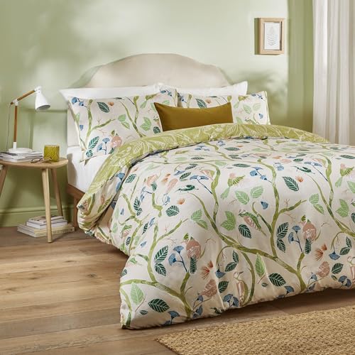 Duvet Day Woodlow Duvet Cover Set – Reversible Leaf Printed Bedding with Hand-Drawn Tropical Birds & Floral Design (Multi/Sage - Double)