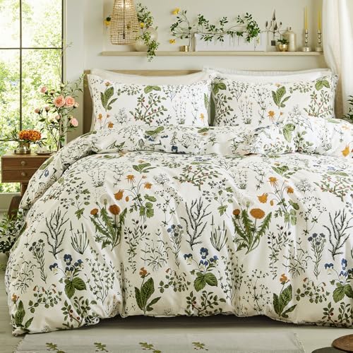 Cozaline Duvet Cover Queen Size - 100% Cotton Reversible Floral Queen Duvet Cover Set with Zipper Closure, 3 Pieces Soft & Breathable Green Bedding Set for All Seasons