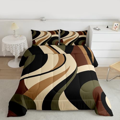 Green Brown Spiral Queen Comforter Set for Adult Women Men Modern Swirls Stripes Abstract Bedding Set for Minimalists Boho Aesthetic Geometry Geometric Bed Sets Graffiti Art Lines Quilt Duvet Insert