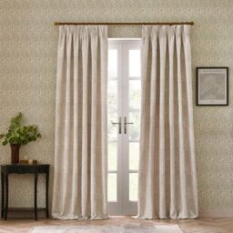 Morris&Co. Marigold Pencil Pleat Curtain Pair – Jacquard Lined Floral Heritage Drapes (Stone - 117x183cm)