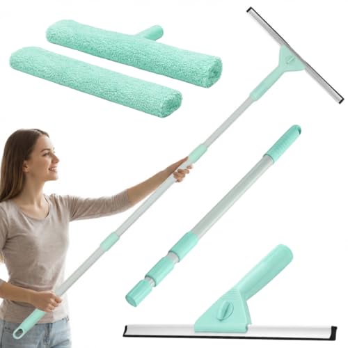 edihome, Window Cleaner with Long Handle (27IN), Glass Cleaning Tools with Silicone Squeegee & Microfiber Scrubber, Window Cleaning Kit for Shower Glass Mirror Door Car