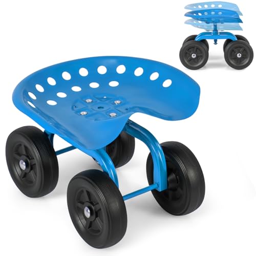 GiantexUK Rolling Garden Cart, Outdoor Gardening Planting Station Trolley with Adjustable Swivel Seat, Heavy Duty Garden Work Scooter, 150kg Load Capacity (Blue)