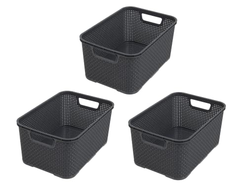 BranQ - Home essential Basket in Rattan Design Set of 4 Size M 10 L Polypropylene Plastic Anthracite